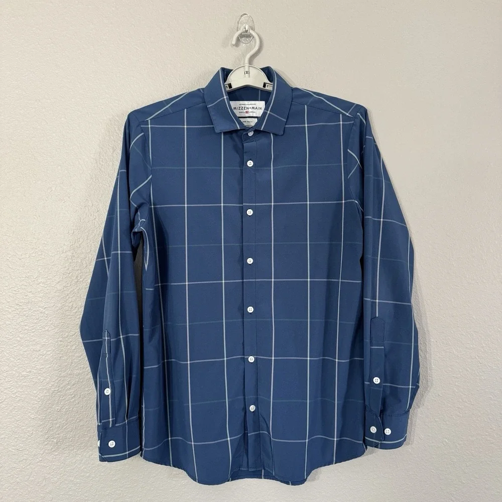 Mizzen + Main Blue Check Sz Large Trim‎ Fit Leeward Collection Long Sleeve Shirt